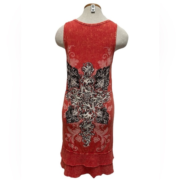 3/$15 Vintage Y2K 2000’s Floral Cross Embellished Red Dress Bling Women’s Large - Picture 5 of 9